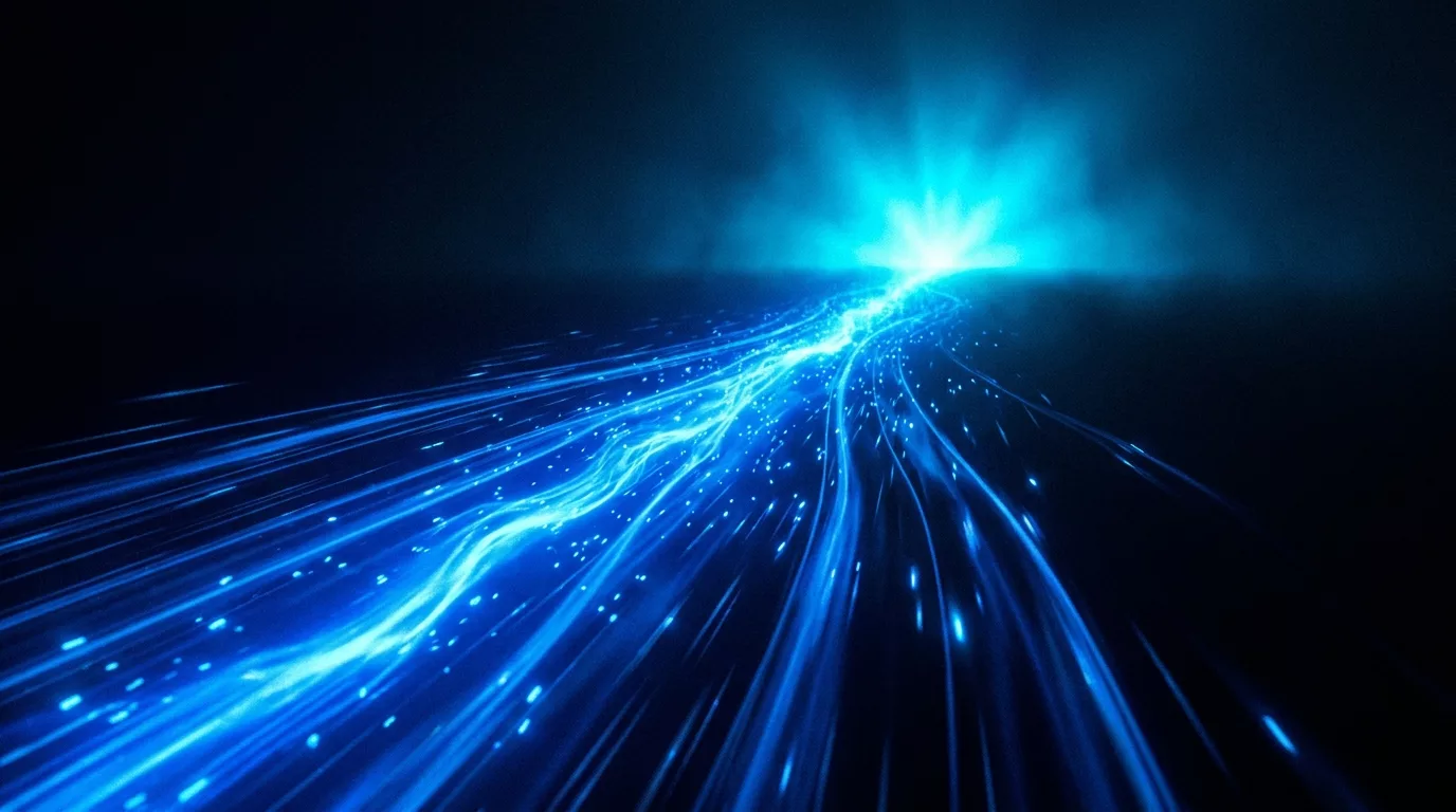 Abstract visualization of the Charge phase: plasma energy surging toward the horizon